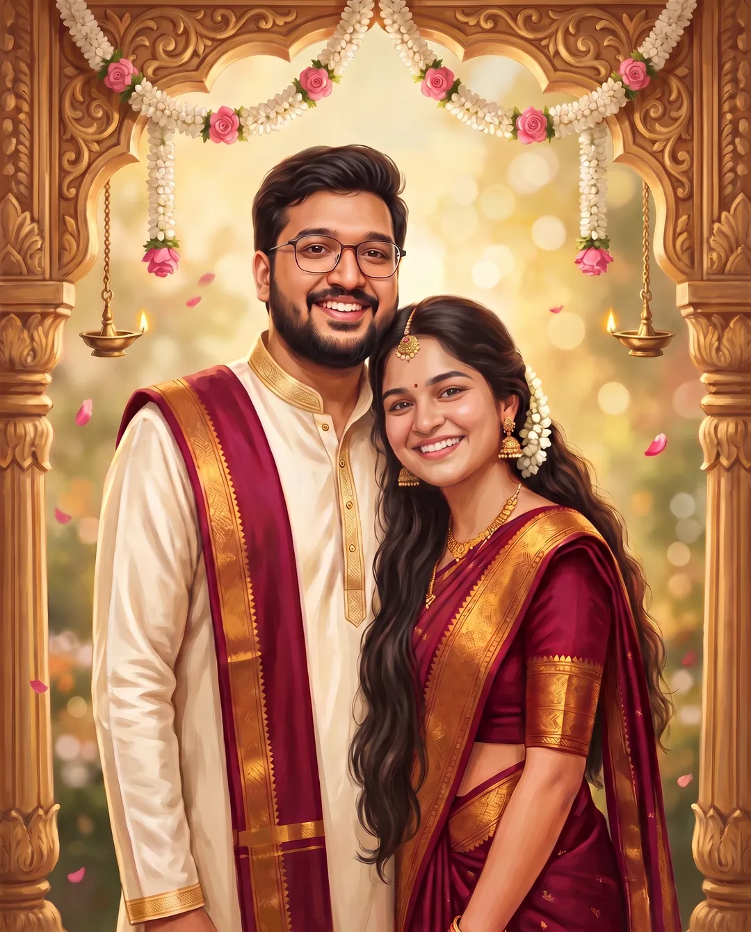 A painting of Sai Sumanth in an ivory silk kurta and Rohitha in a maroon silk saree with jasmine in her hair, smiling beneath a carved gold arch.