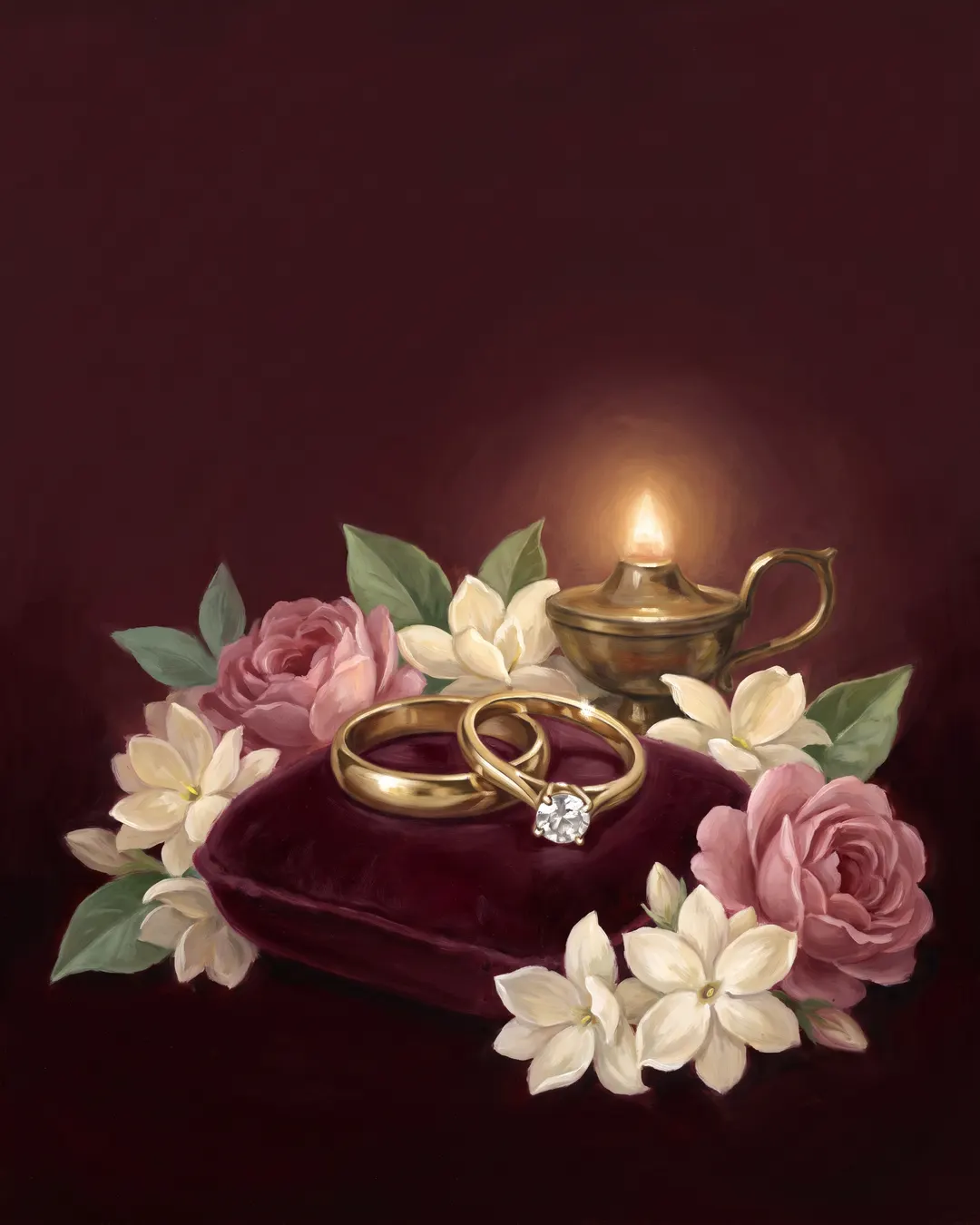 Two interlocked gold rings, one with a diamond, on maroon velvet among white and pink flowers.