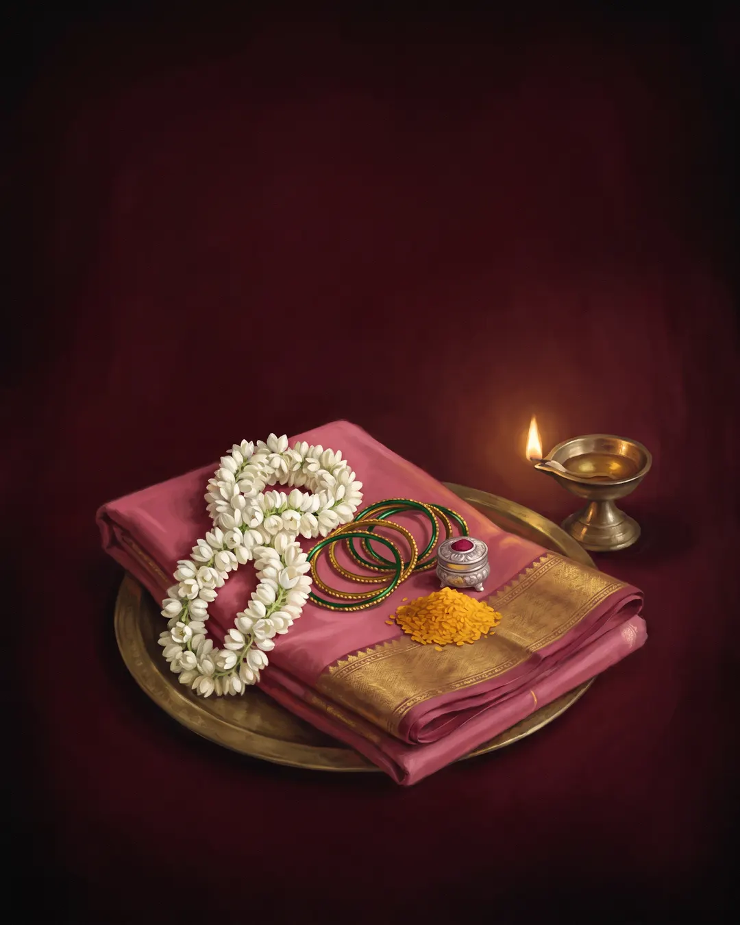 A folded rose-pink silk saree with a gold border, a coil of jasmine, bangles and turmeric rice on a brass plate.