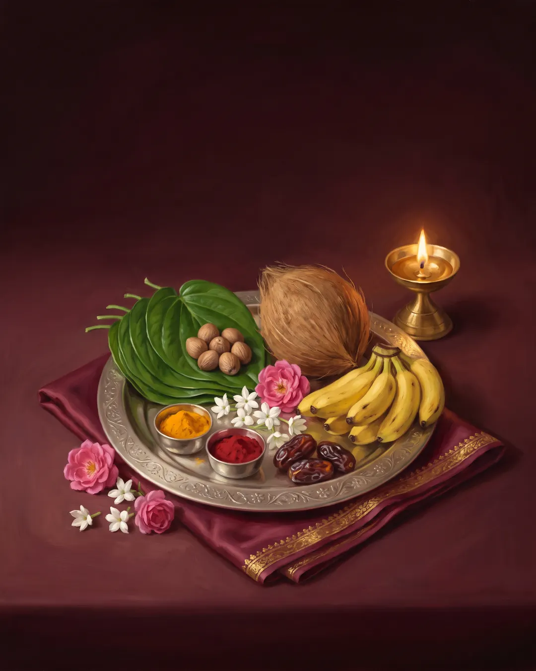 A silver plate of betel leaves, areca nuts, turmeric, kumkum, a coconut and bananas, beside a small brass lamp.