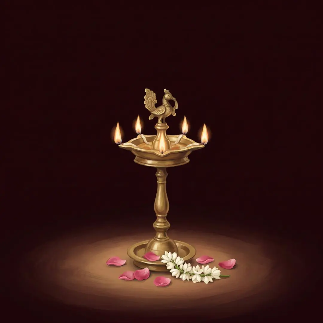 A brass standing lamp with five small flames, glowing in the dark.