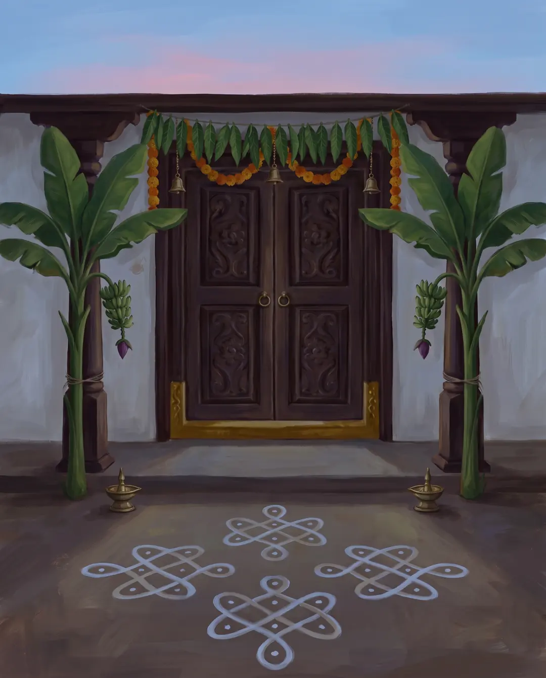 The doorway of a Telugu home at dawn — a mango-leaf thoranam, banana plants and a white muggu; as you scroll the carved doors open, golden light spills out and the lamps are lit.
