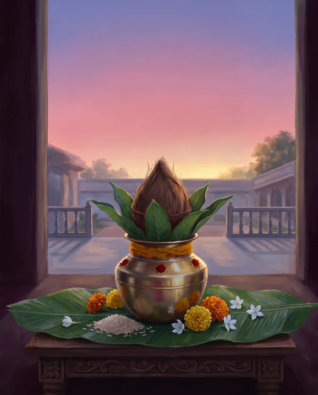 A brass kalasam with mango leaves and a coconut on a banana leaf; as you scroll, dawn turns to bright morning.
